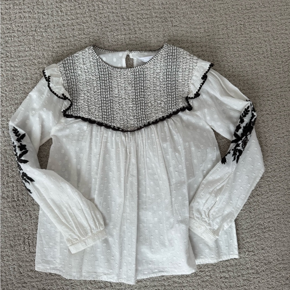 Zara White Long Sleeve Eyelet Top with Black Embroidery